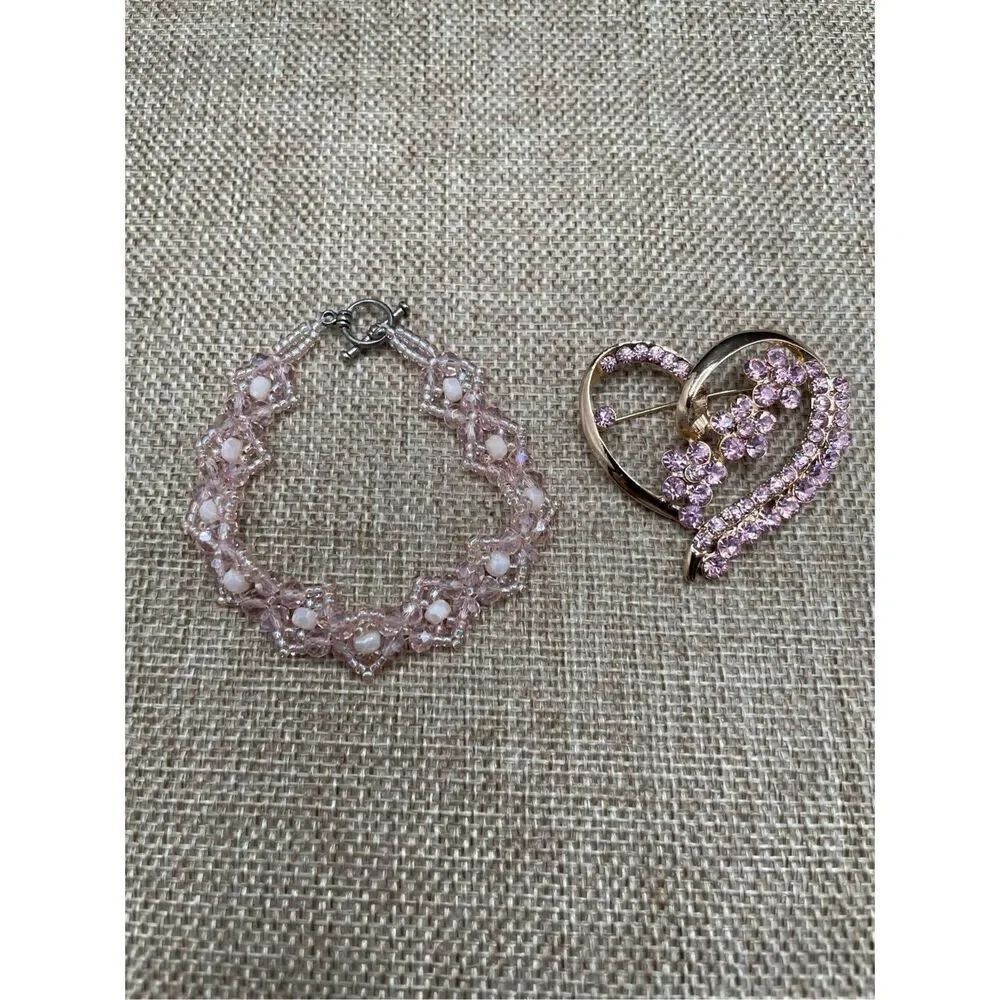 Valentines Bundle of 2 Pieces Pink Heart Broach pink Beaded Bracelet